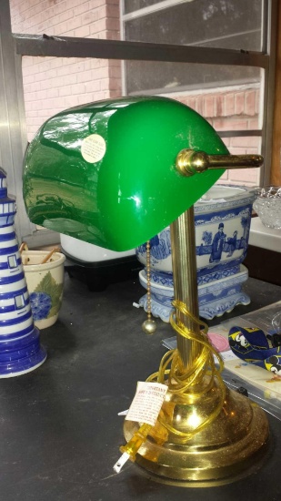 Vintage Metal Portable Desk Lamp with Emerald Hand-Blown Glass Shade
