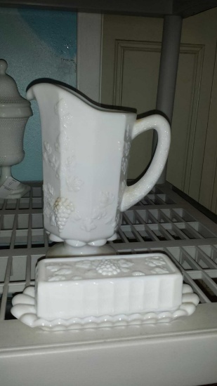 2 Matching Milk Glass Pieces with Grape Accents (1) Butter dish with lid (1) Pitcher