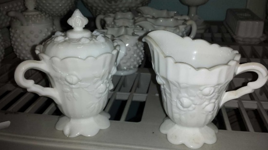 Very Cute Matching Milk Glass- Creamer and Sugar Bowl with Flower Accents