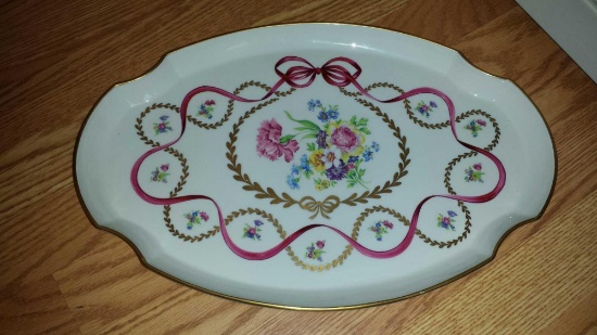 Brightly Painted Limoges Platter - Gold trimmed with Decorative Floral and Ribbon Accents