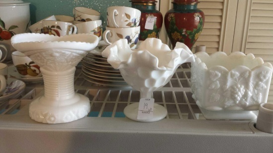 3 Milk Glass Compotes with Different Decorative Styles