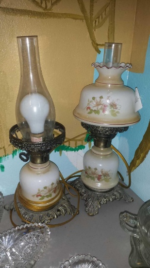 (2) 16" Matching Hurricane Lamps with Floral Accents. Missing 1 shade.