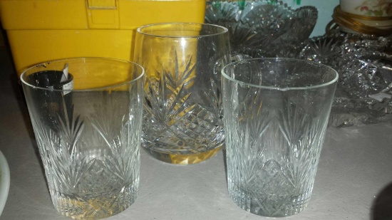 6 Sparkling Cut Glass Pieces: (3) Matching Diamond Style: 1 Mug, 2 Tumblers (2) Matching Starburst