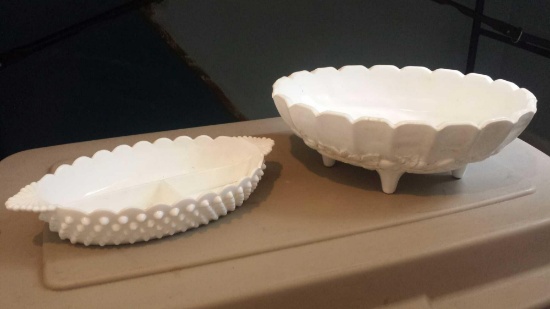 2 Large Milk Glass Pieces: (1) Large Footed Bowl with Grape Designs (1) Divided Hobnail Relish Dish