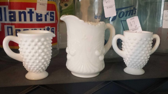 3 Sweet Milk Glass Pieces (2) Matching Hobnail (1 cream, 1 sugar) (1) Cables and Cherry