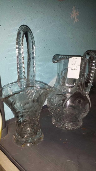 2 Floral Accented Glass pieces: (1) Flower Basket (1) Water Pitcher