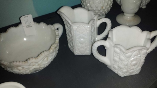 3 Geometric Milk Glass Pieces (1) Creamer (1) Sugar Bowl (1) Bowl