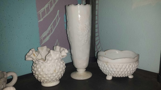 3 Sweet Milk Glass Pieces (1) Hobnail Ruffled Edge (1) Hobnail Footed Bowl (1) Grape Vine Pattern