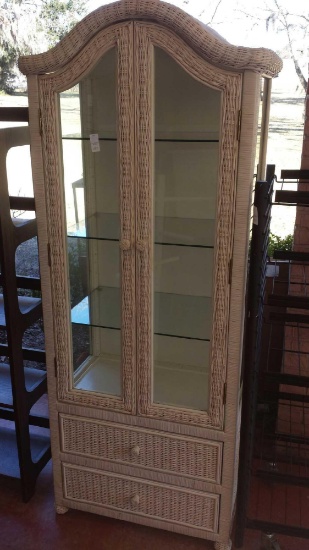 Nice Tall Wicker Curio Cabinet with Reccessed Lighting and 2 Drawers