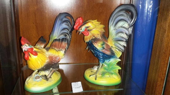 (2) Brilliantly-colored Handpainted Ceramic Rooster Figures by Artmark Originals, Japan