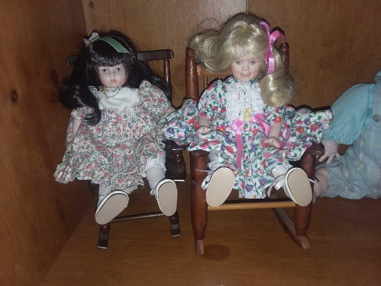 (2) Porcelian Goebel Club Exclusive Dolls Sitting in Rocking Chairs
