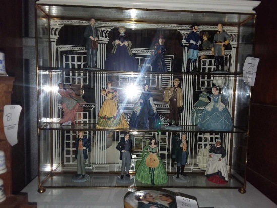 (15) 1990 The Franklin Mint Figurines Gone With The Wind Characters Plus Glass Cabinet Display Shelf