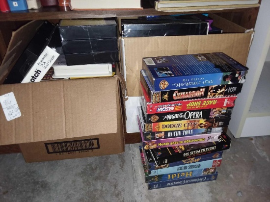 Boxes of VHS Movies Plus VHS Video Rewinder, Some New VHS Tapes