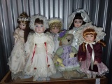 (5) Porcelian Dolls with Stands Plus Teddy