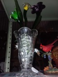 (5) Colored Glass Long Stem Flowers in Glass Vase