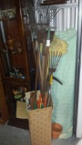 Great Lot for Outdoor Work: Rakes, Pick Axe, Saws, Hangers, etc