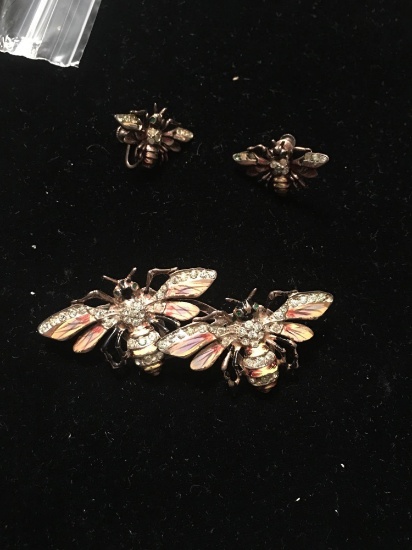 Amazing signed sterling and enamel honey bee pin and earring set