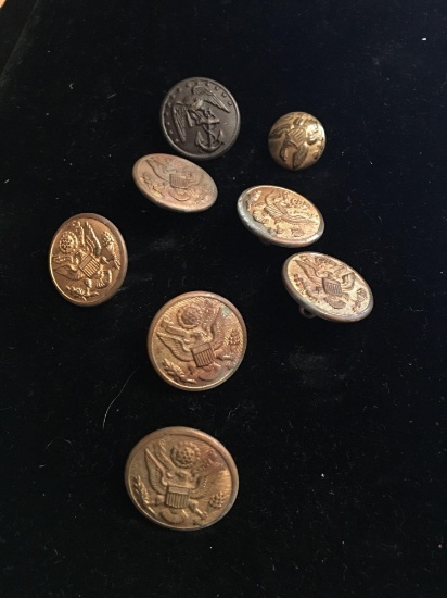 8 Military brass buttons. Art Metal and Waterbury