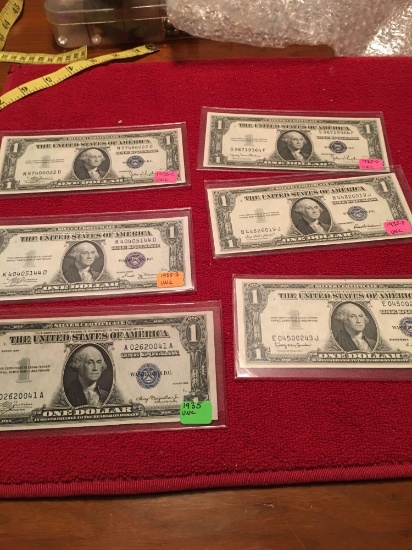 Six 1935 Uncirculated Silver Certificates