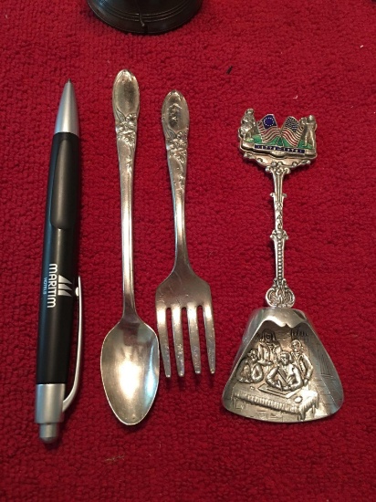 Silver holland spoon and silverplate childs spoon/fork set