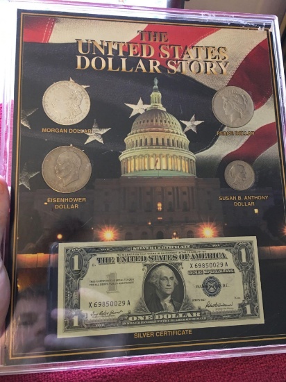 The United States Dollar story. Includes silver Morgan, silver Peace, Eisenhower, Susan B Anthony