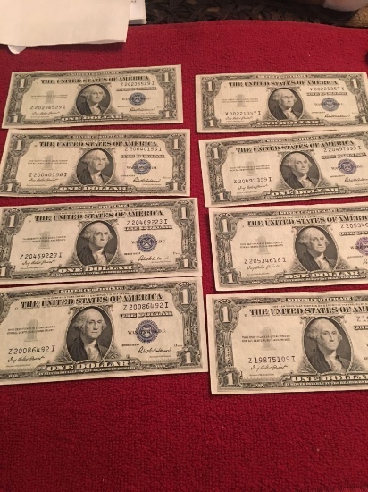 8 very nice 1935F US Silver Certificates. Excellent condition