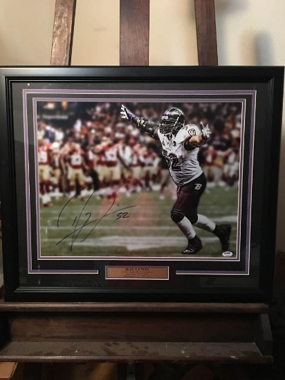 Large Ray Lewis autographed and framed photo with plaque. PSA authentication