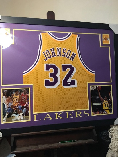 Fabulous authentic Signed Magic Johnson jersey framed and matted With photos