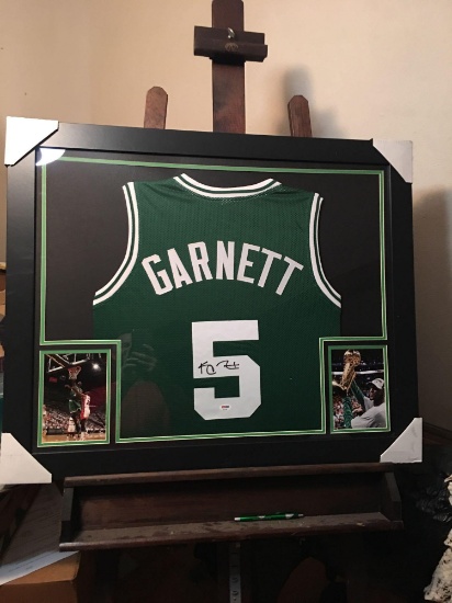 Kevin Garnett autographed jersey with framed color photos. JSA authentication