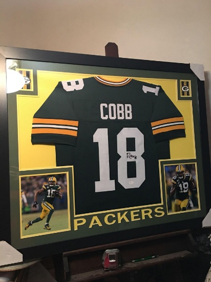 Fabulous authentic Signed Randall Cobb Packers jersey framed and matted With photos