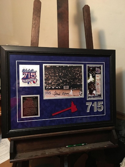 Rare Hank Aaron double signed wall art with photos, patch, plaque and commemorative ticket all