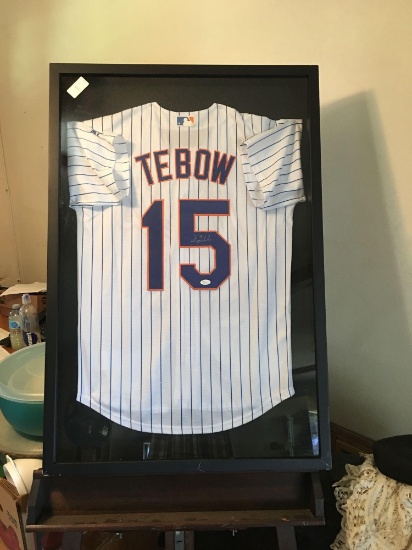 Tim Tebow signed and authenticated New York Mets jersey in large shadowbox