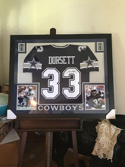 Tony Dorsett autographed jersey framed and matted in beautiful display with color photos. Includes