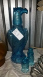 Crystal Blue Eagle decanter + 3 crystal blue shot glasses