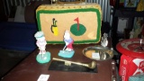 Golf Enthusiast Lot: (1 Latched Bag/Sewing Bag, (2) figurines, (2) desk pieces,