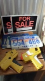 (2) Price Guns, (2) For Sale Signs, Old License Plates