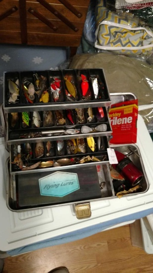 Metal tackle box full of great older fishing lures and more