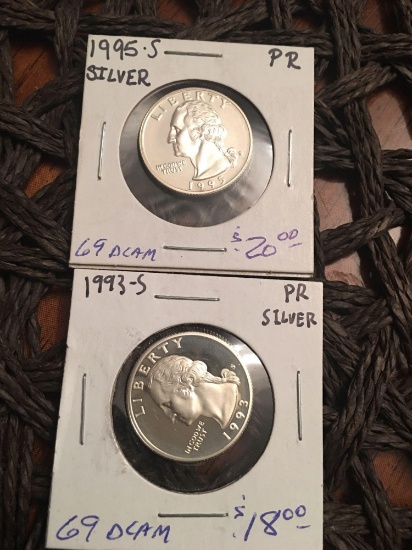 1993-S and 1995-S Silver proof quarters