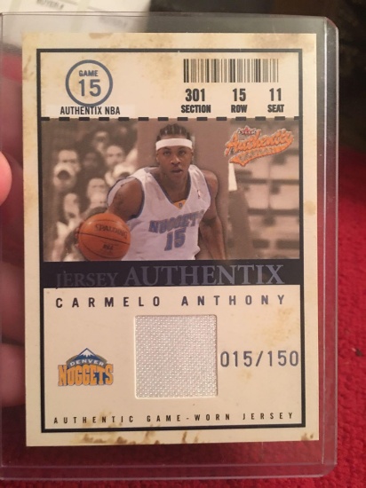 2004-5 Carmelo Anthony game worn jersey Authentix card. 15/150
