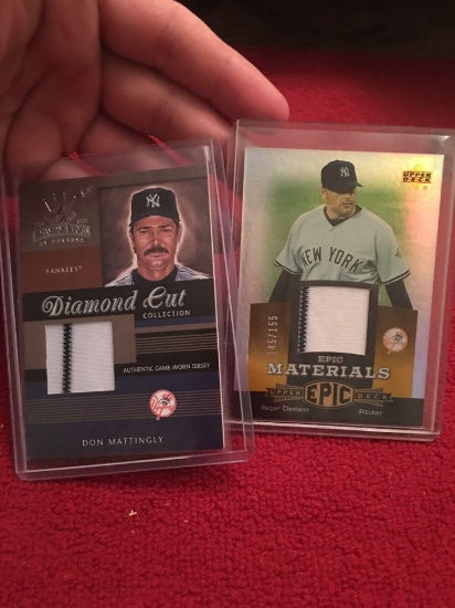 Authentic Game worn Roger Clemens pants and Don Mattingly jersey cards