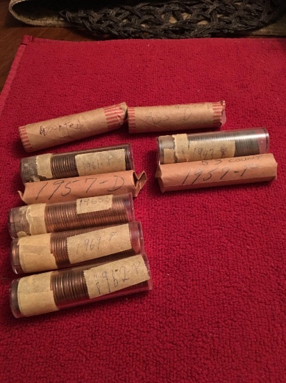 9 rolls/tubes assorted lincoln cents including wheats