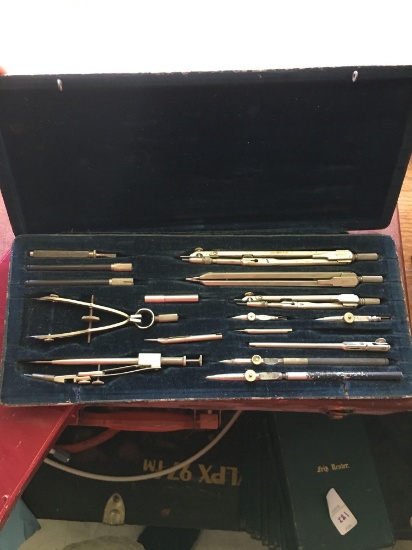 Antique Drafting kit in German hard case and Mohawk distressing pencil set