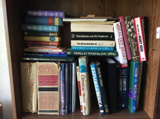 Dark wood laminate Bookcase shelving with large lot of books