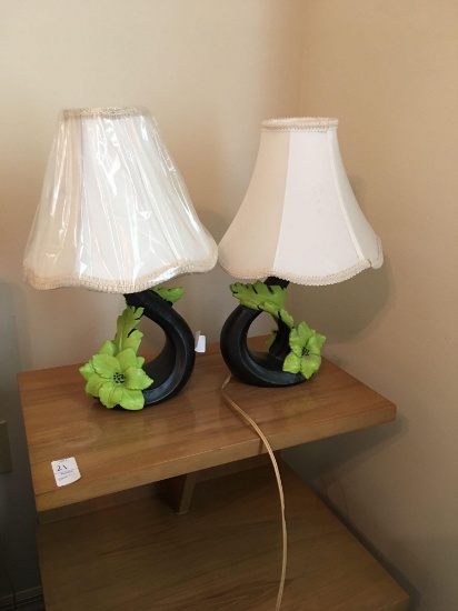 Pair of mid century hand crafted floral lamps with shades