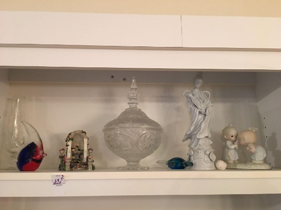 Shelf lot of nice collectibles. Crystal and statue etc