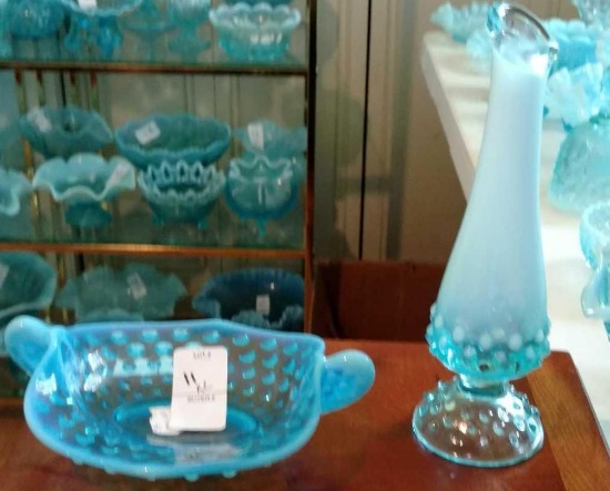 One opalescent blue glass vase and one opalescent blue glass tray with handles