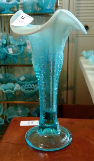 Beautiful vase with grapes and Vines ruffle top blue glass