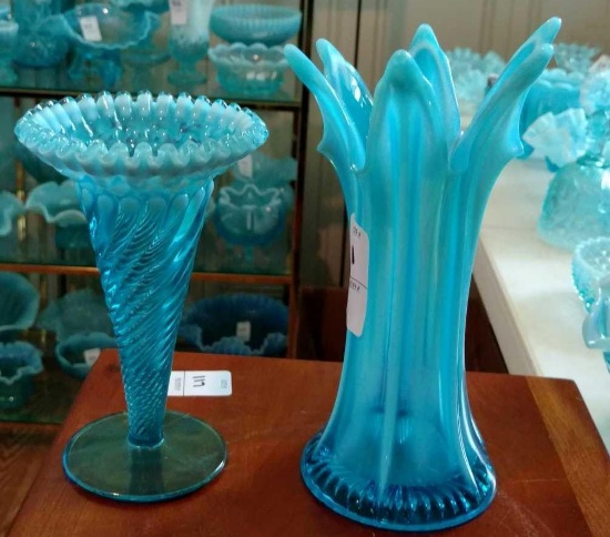 Beautiful lined vase and swirl patterned vase Blue Glass