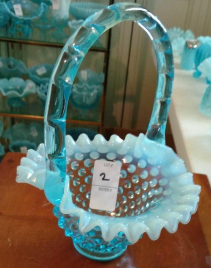 Opalescent blue glass basket with handle