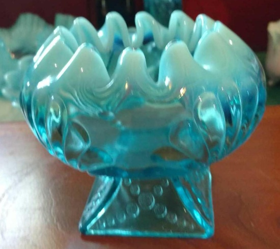 Opalescent Blue Glass ruffled top dish